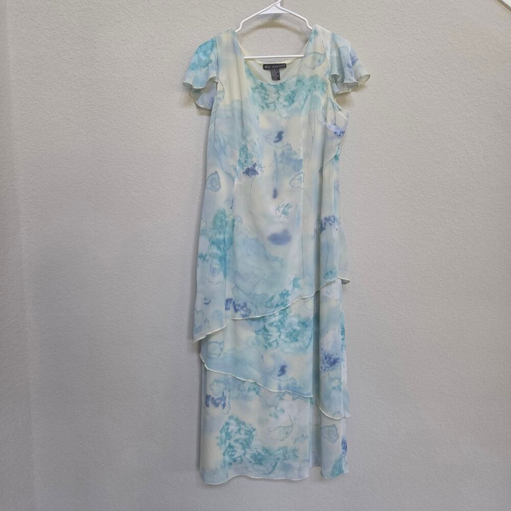Mlle Gabrielle Tiered Dress Womens Large XL Blue Watercolor Print Midi Maxi Long